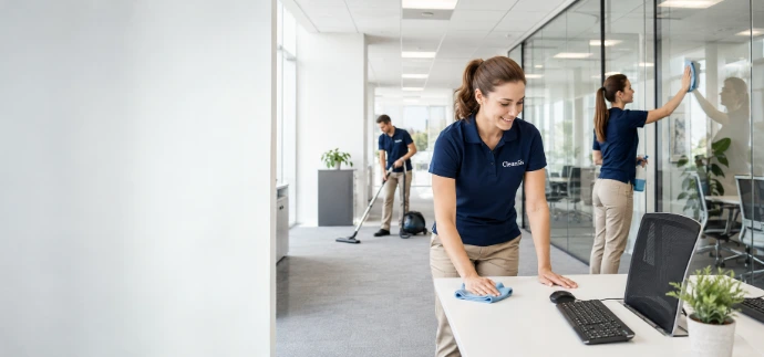 CleanSis Team bei der professionellen Büroraumreinigung mit Arbeitsplatzreinigung, Glasreinigung und Bodenpflege