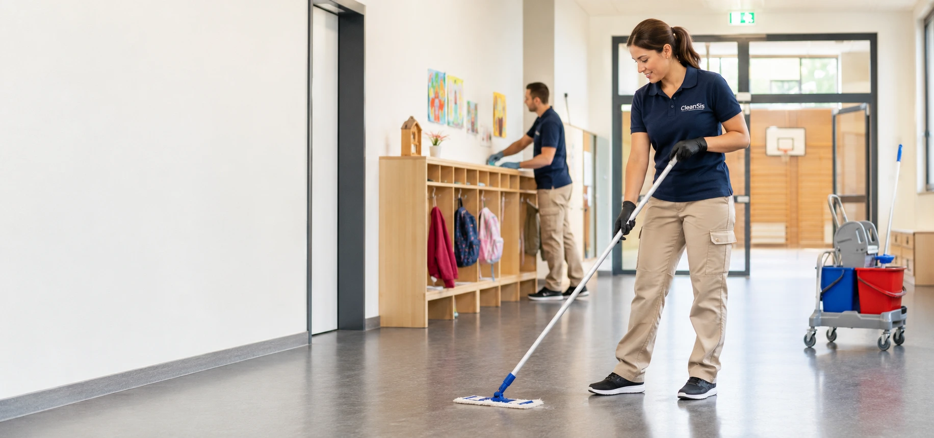 CleanSis Team bei der regelmäßigen Unterhaltsreinigung in einer öffentlichen Einrichtung mit Kindergarten und Sporthalle