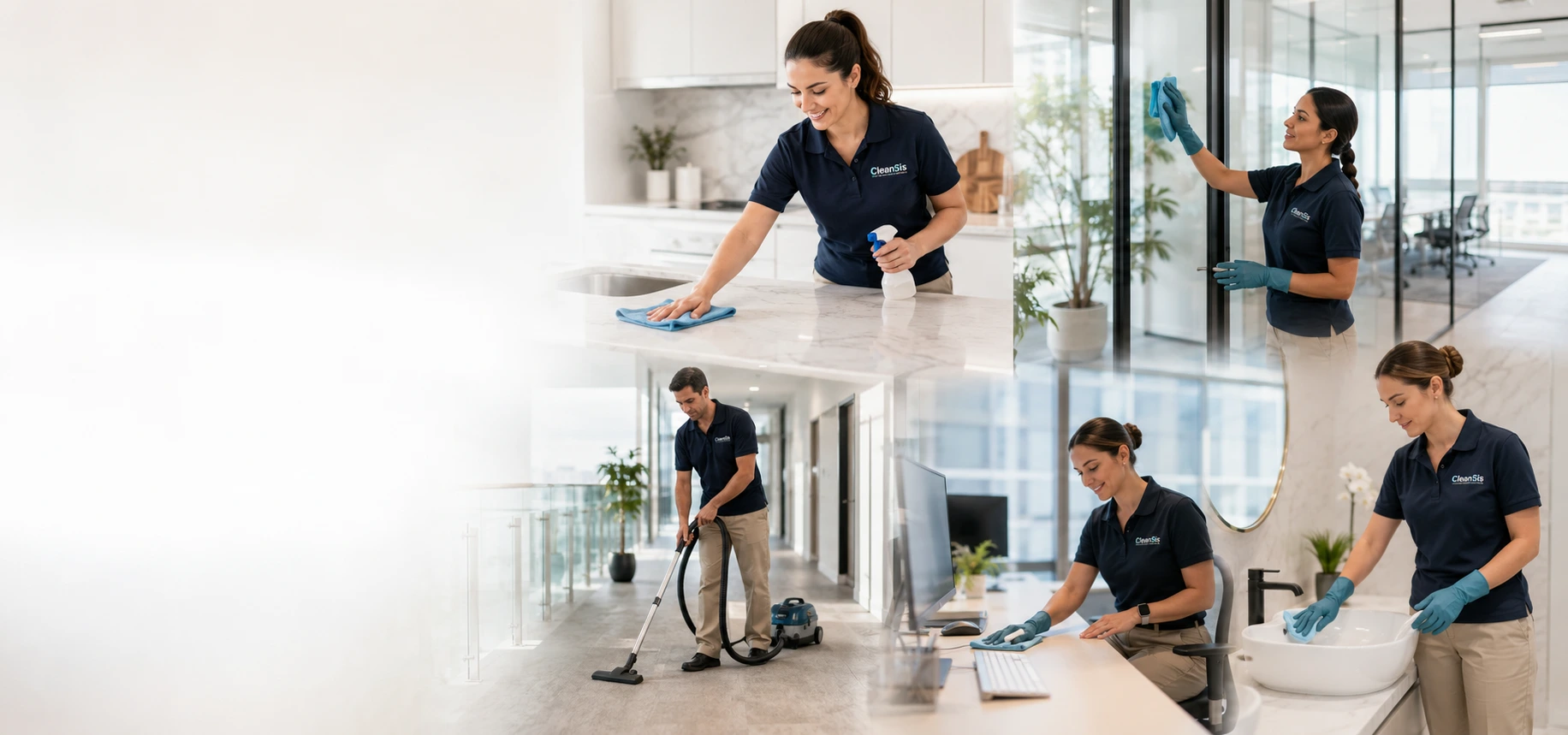 CleanSis Team bei unterschiedlichen Reinigungsleistungen in Haushalt, Büro, Glas- und Sanitärbereichen