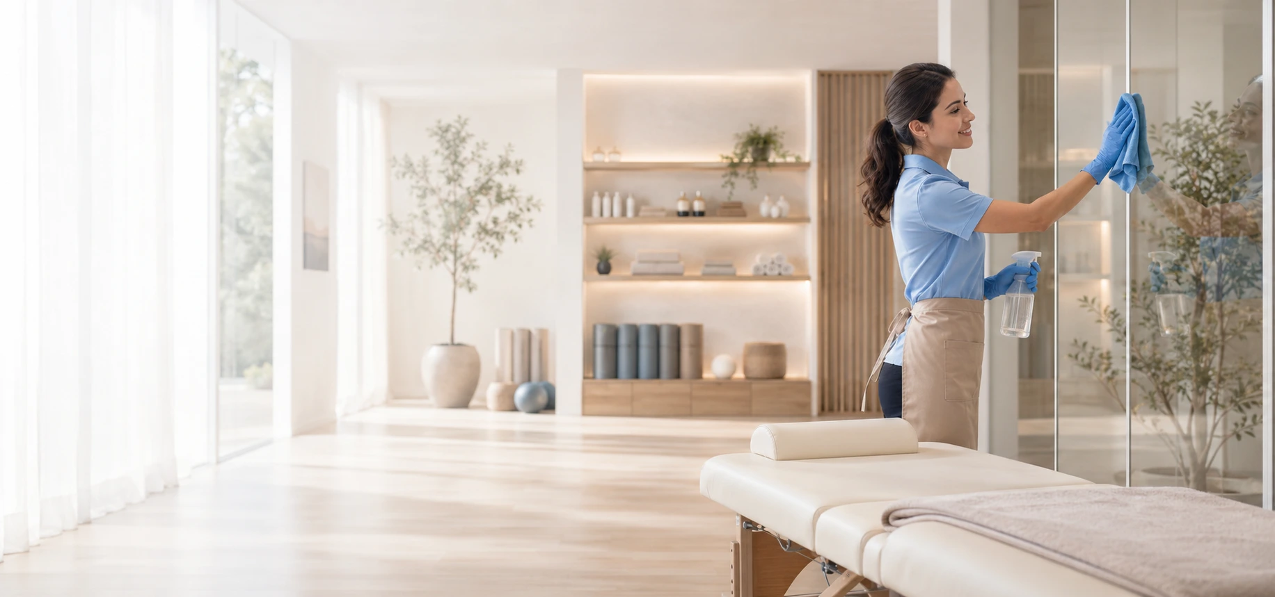 CleanSis Mitarbeiterin bei der professionellen Reinigung eines modernen Studios