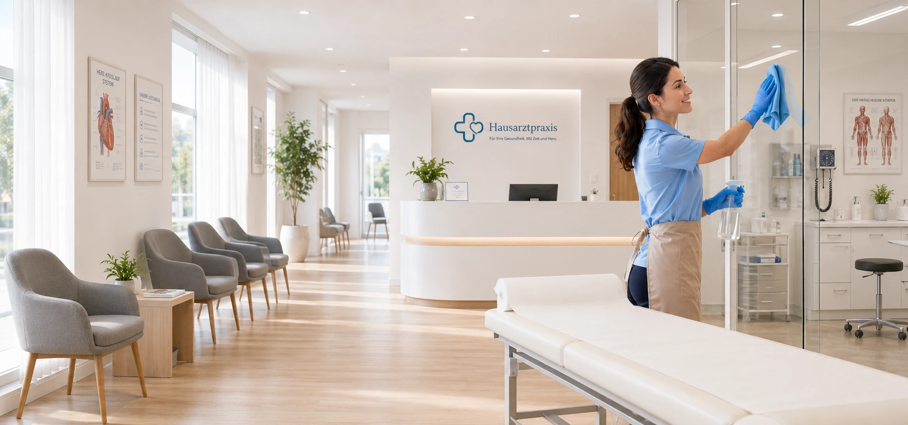 CleanSis Mitarbeiterin bei der professionellen Reinigung einer modernen Hausarztpraxis